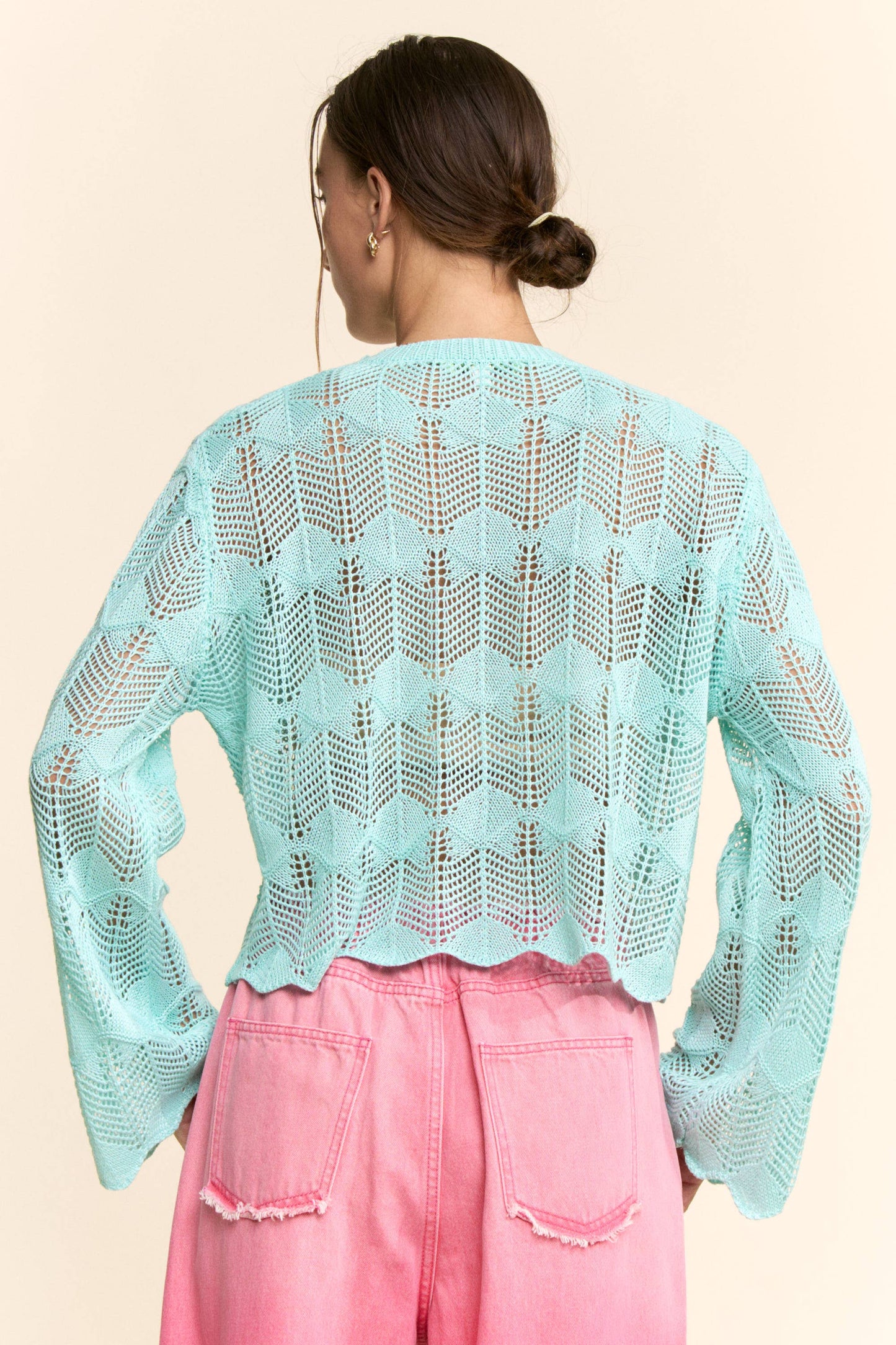 PEARL STONE BEACH LETTERING CROCHET SWEATER TOP: AQUA BLUE
