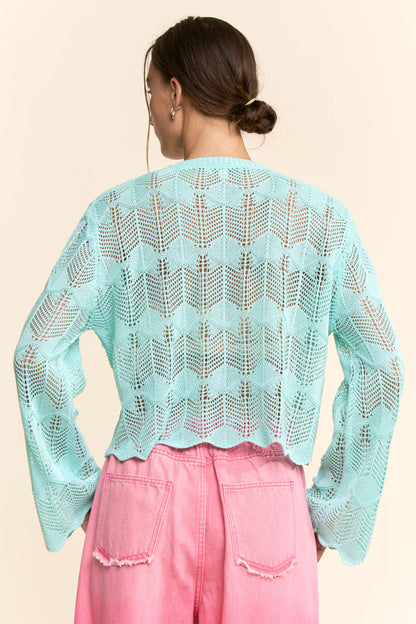 PEARL STONE BEACH LETTERING CROCHET SWEATER TOP: AQUA BLUE