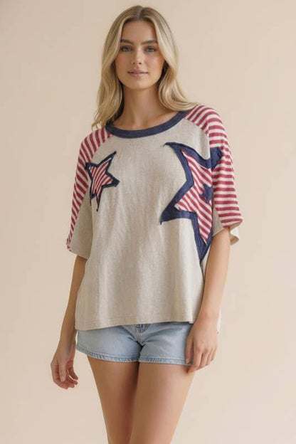 Plus Oversized Star Patch Stripe Color Block Top: Oatmeal/Red/Navy /
