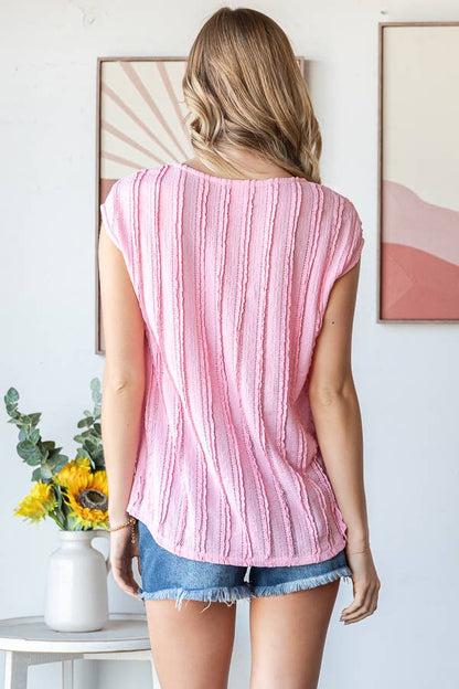 Lightweight Stripe Textured Cap Sleeves Blouse T5948: Pink