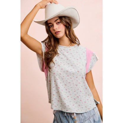 FLORAL RIB CUT EDGE DETAIL SHORT SLEEVES TOP: H Blush