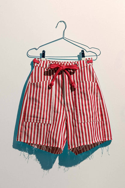 Striped High-Rise Denim Shorts: RED / S-2/M-2/L-2