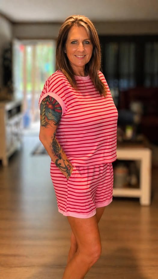 Striped Knit Lounge Set Short Sleeve Top and Shorts: Dark Pink / 65%Viscose + 35%POLYESTER /