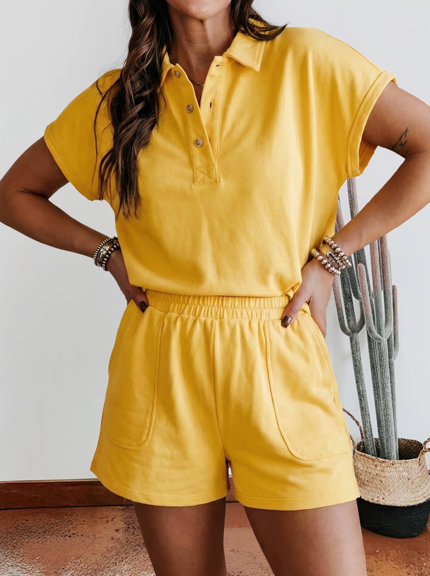 Summer Solid Loose Polo Tee Elastic Waist 2pcs Short Set: Yellow Cream / M