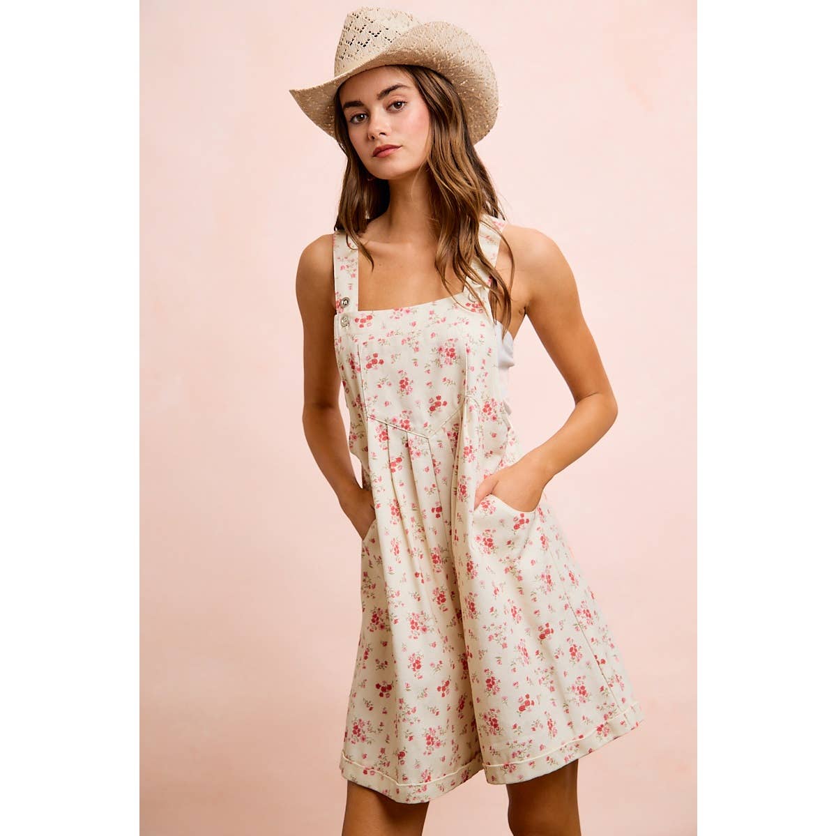 FLORAL TWILL PRINTED CHEST POCKET DETAIL SHORTALL: CREAM/PINK
