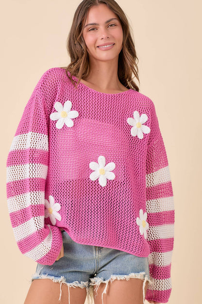 Daisy Crochet Stripe Knit Top – Ready to Ship: PINK