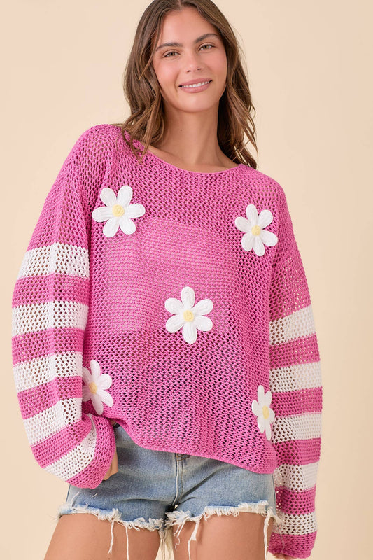 Daisy Crochet Stripe Knit Top – Ready to Ship: PINK
