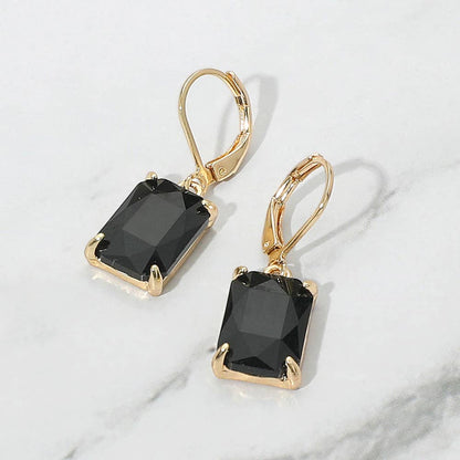 Rectangular Glass Stone Drop Dangle Earrings: Black