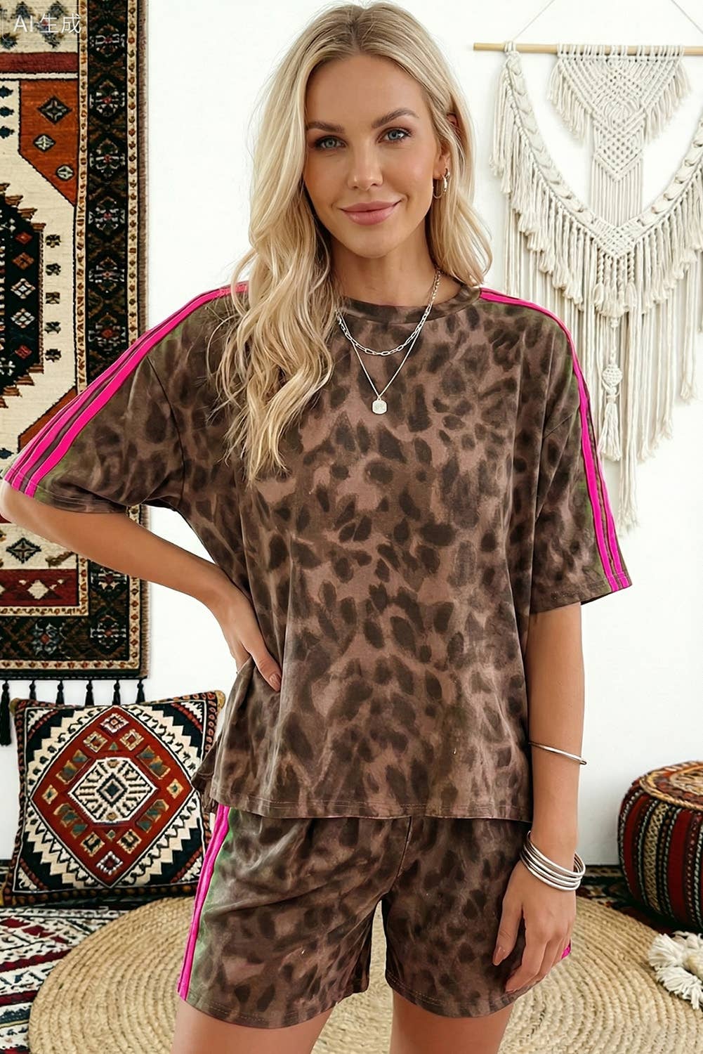 Leopard Raw Seam Patched Pullover Drawstring Loose Pant Set: Brown Short Set