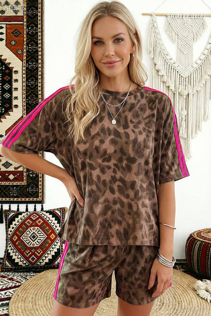 Leopard Raw Seam Patched Pullover Drawstring Loose Pant Set: Brown Short Set