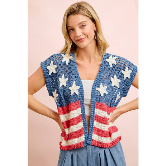 4TH OF JULY AMERICAN FLAG CROCHET SHORT SLEEVE CARDIGAN: AMERICAN FLAG