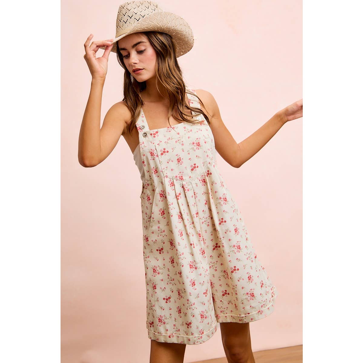 FLORAL TWILL PRINTED CHEST POCKET DETAIL SHORTALL: CREAM/PINK