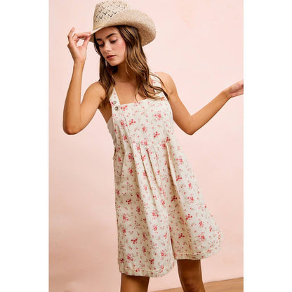 FLORAL TWILL PRINTED CHEST POCKET DETAIL SHORTALL: CREAM/PINK