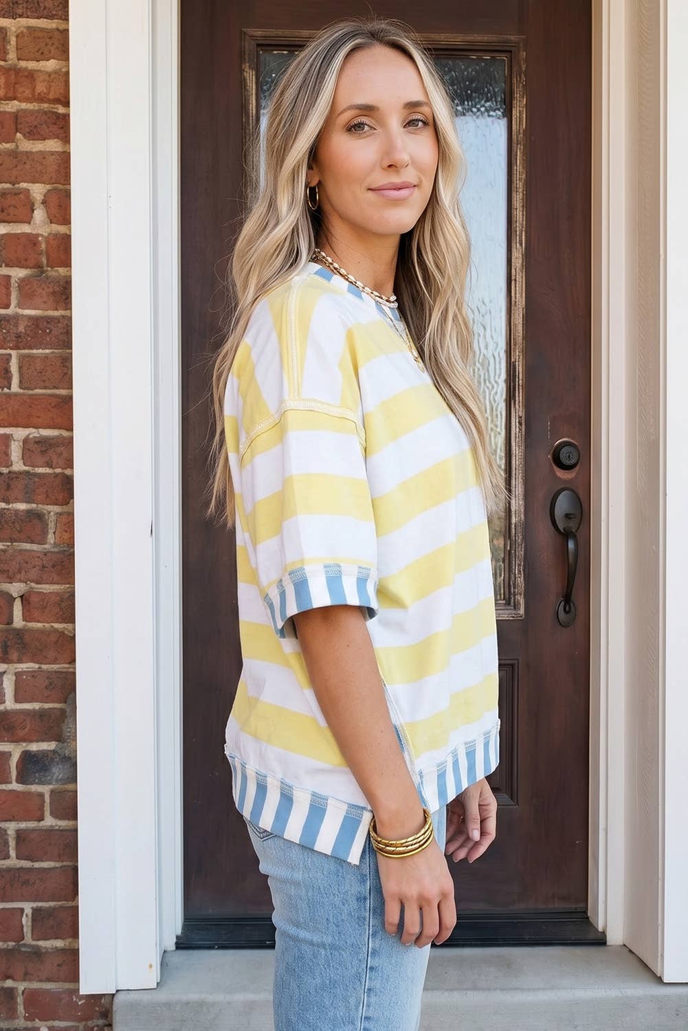 Summer 2026 Exposed Seam Contrast Patchwork Oversized Top: Yellow Stripe