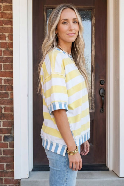 Summer 2026 Exposed Seam Contrast Patchwork Oversized Top: Yellow Stripe