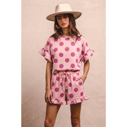 POLKA DOTS PRINTED RUFFLED TOP AND SHORTS SET: BLUSH/PINK