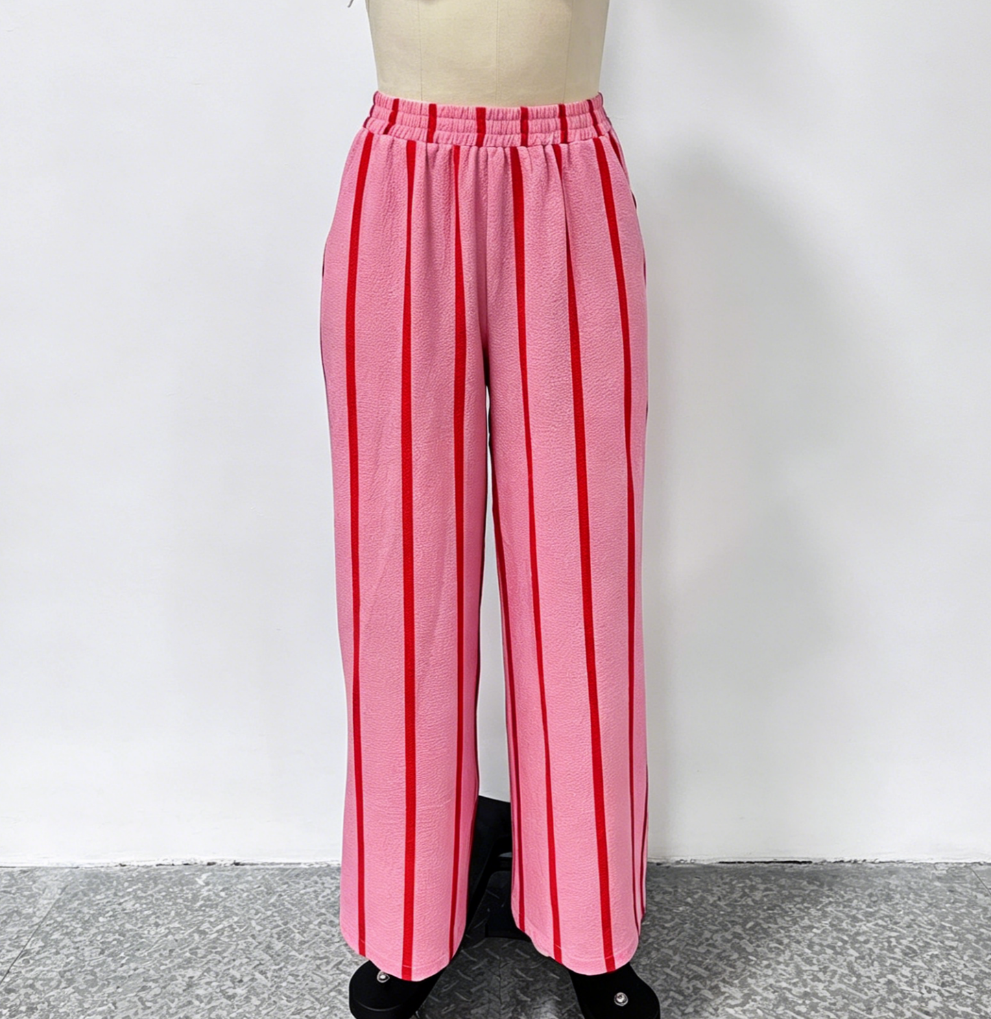 Vacation Texture Color Block Striped Wide Leg Pants: Pink