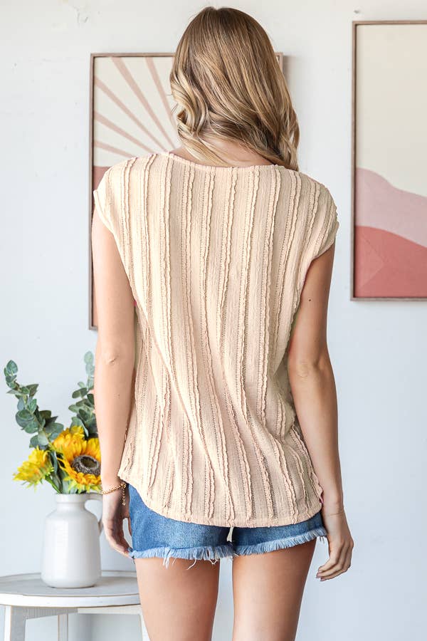 Lightweight Stripe Textured Cap Sleeves Blouse T5948: Pink