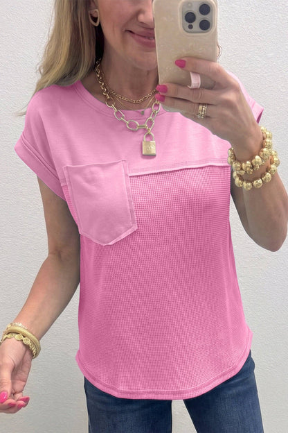 Pink Solid Color Raw Seam Waffled Patchwork Casual T Shirt: Pink / 75%Polyester+25%Cotton