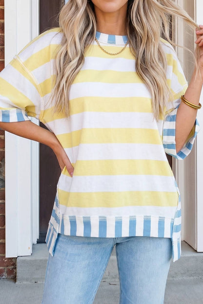 Summer 2026 Exposed Seam Contrast Patchwork Oversized Top: Yellow Stripe