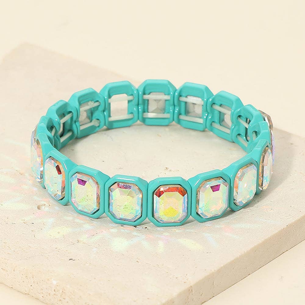 Rectangular Stone Frame Beaded Stretch Bracelet: Clear,Rhodium