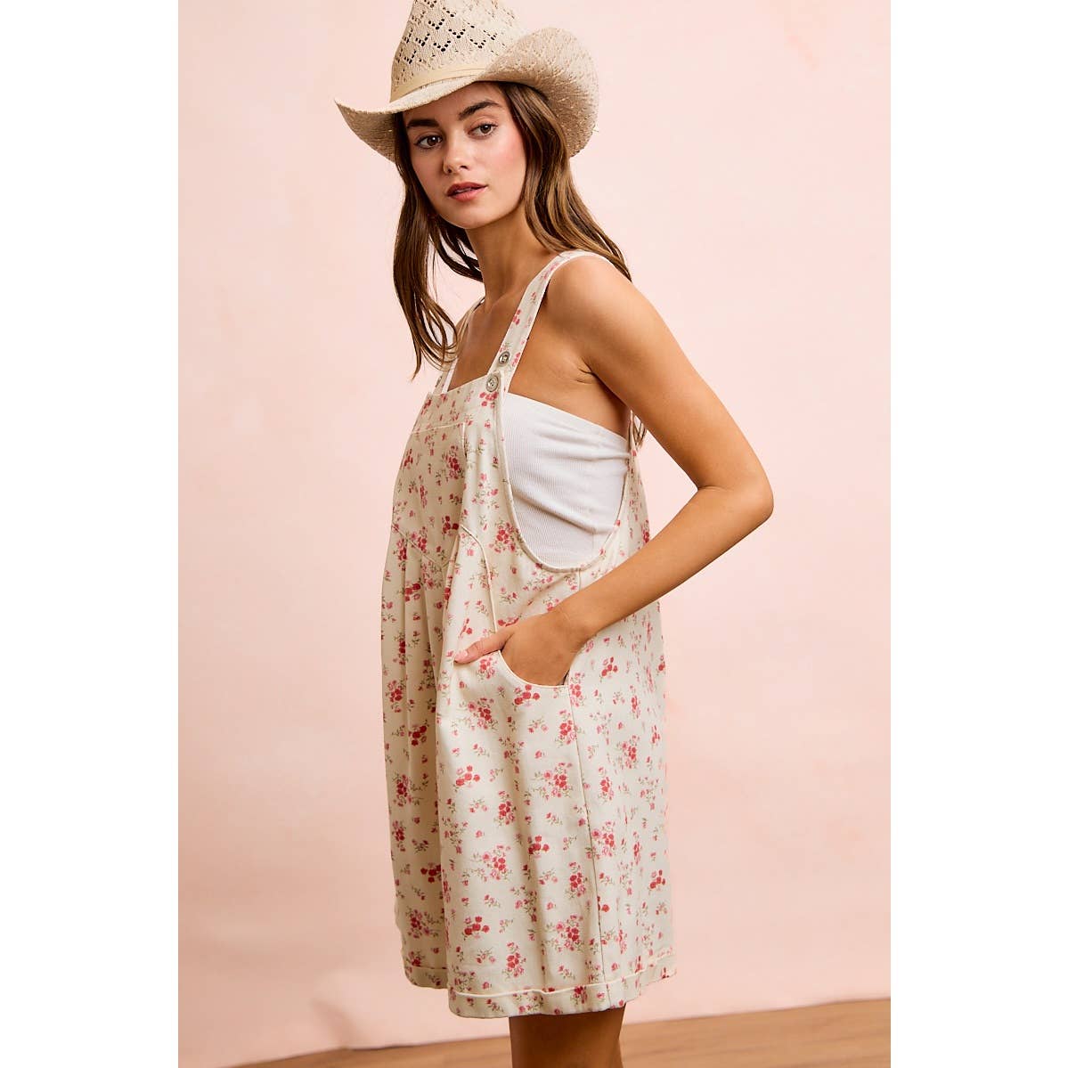 FLORAL TWILL PRINTED CHEST POCKET DETAIL SHORTALL: CREAM/PINK