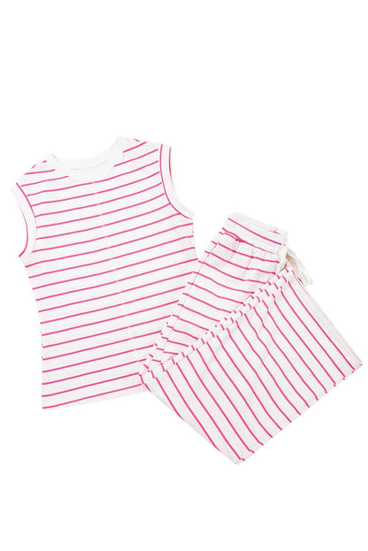 Casual Style Striped Short Sleeve Two-Piece Set | S-XL: Pink / Missy