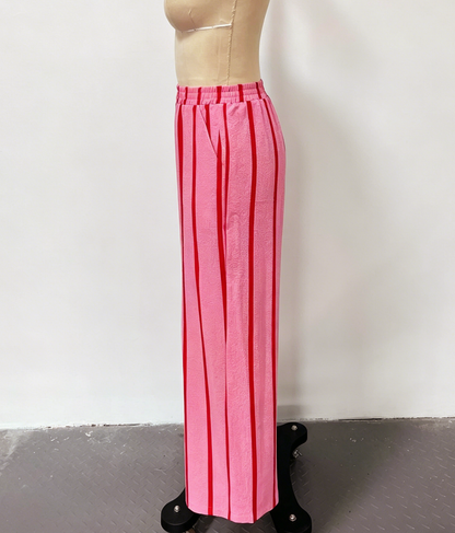 Vacation Texture Color Block Striped Wide Leg Pants: Pink