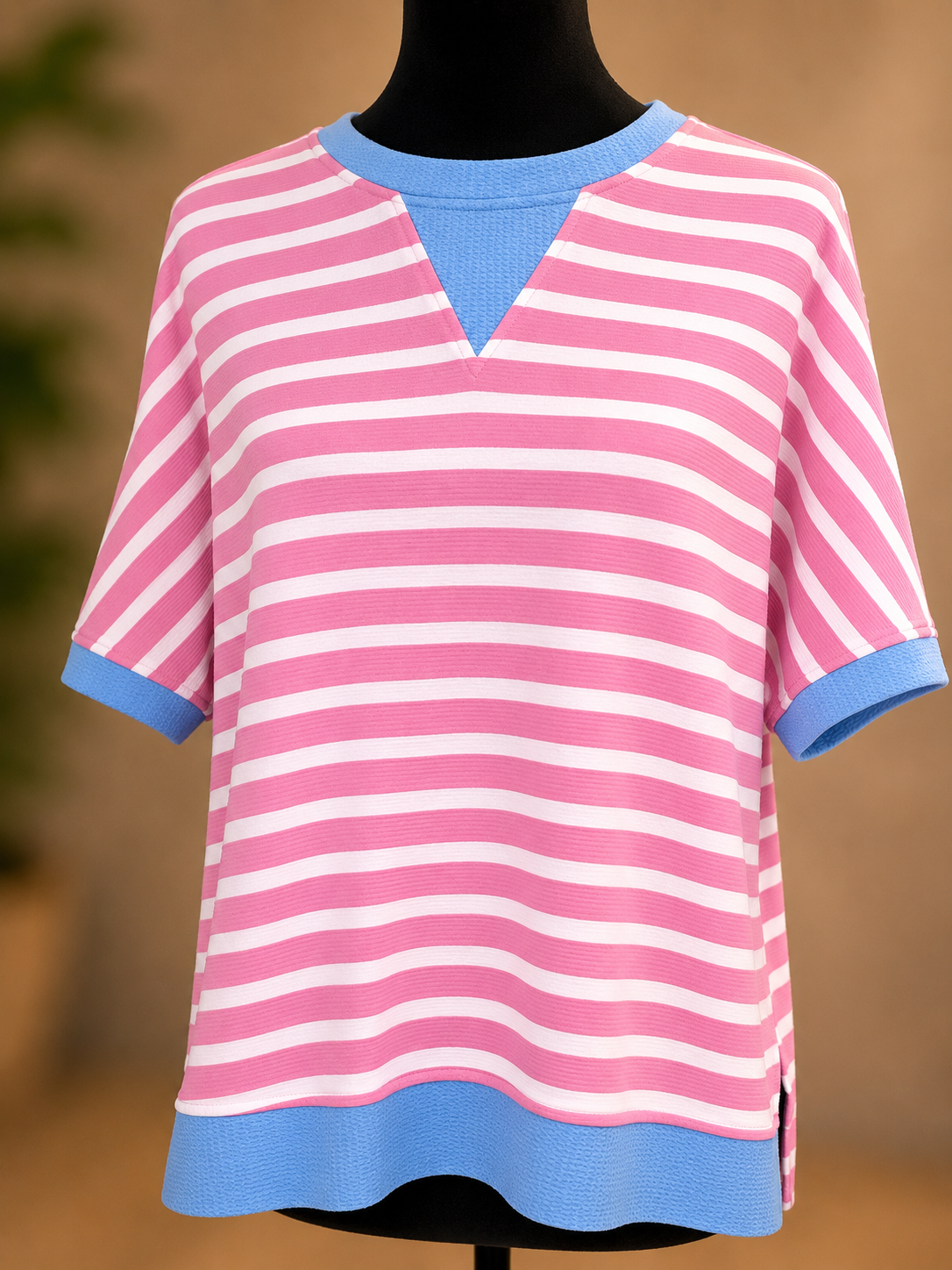 Sky Blue Stripe Contrast Trim Loose Short Sleeve Top: Pink Stripe / 55%Regenerated Polyester+40%Cotton+5%Elastane