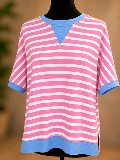 Sky Blue Stripe Contrast Trim Loose Short Sleeve Top: Pink Stripe / 55%Regenerated Polyester+40%Cotton+5%Elastane