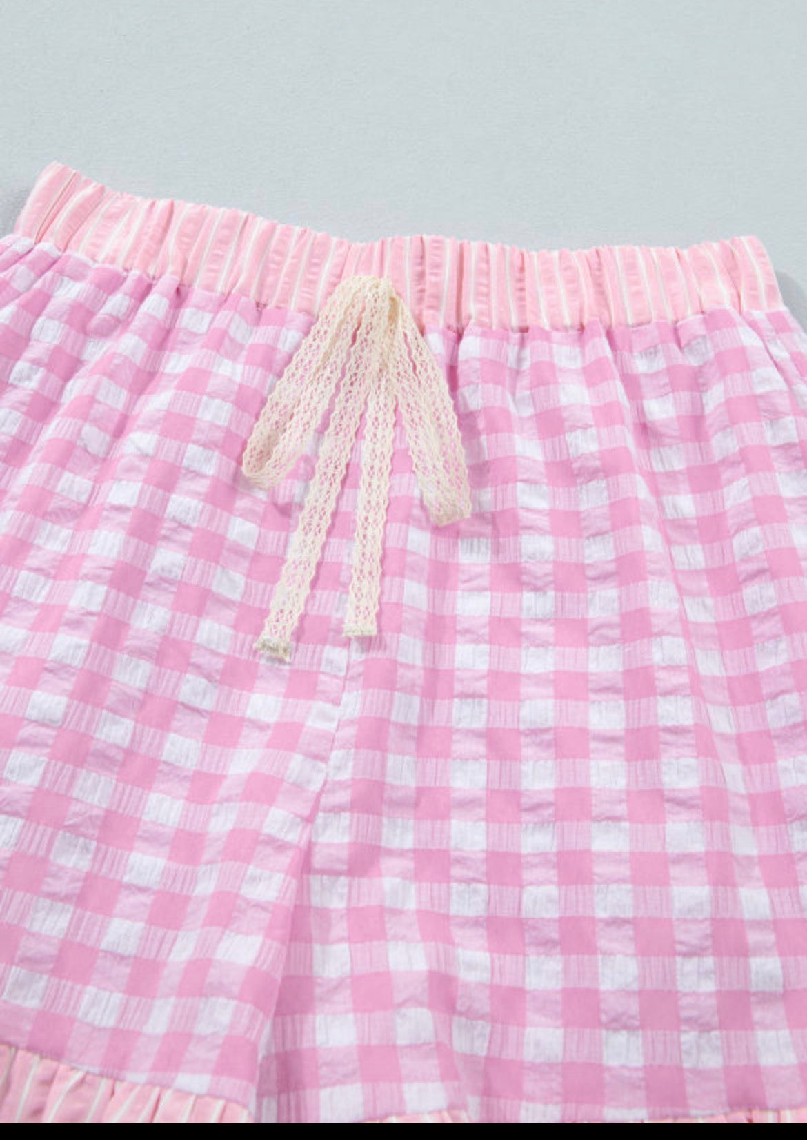 Pink Gingham Print Ruffle Stripped Detail Lace Tie Shorts