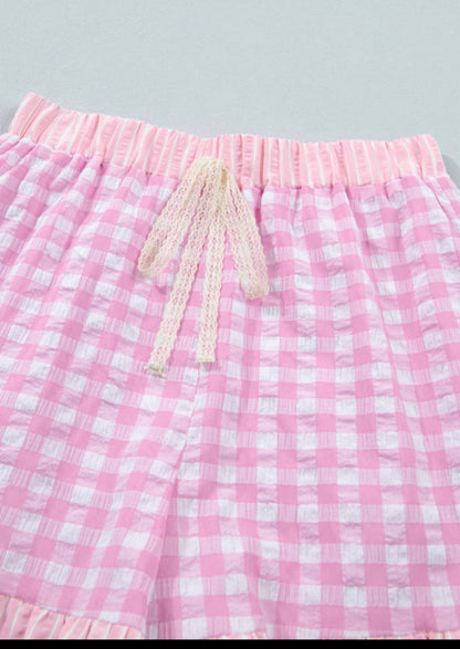 Pink Gingham Print Ruffle Stripped Detail Lace Tie Shorts