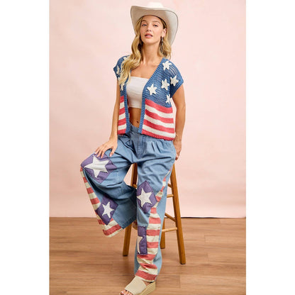 4TH OF JULY AMERICAN FLAG CROCHET SHORT SLEEVE CARDIGAN: AMERICAN FLAG