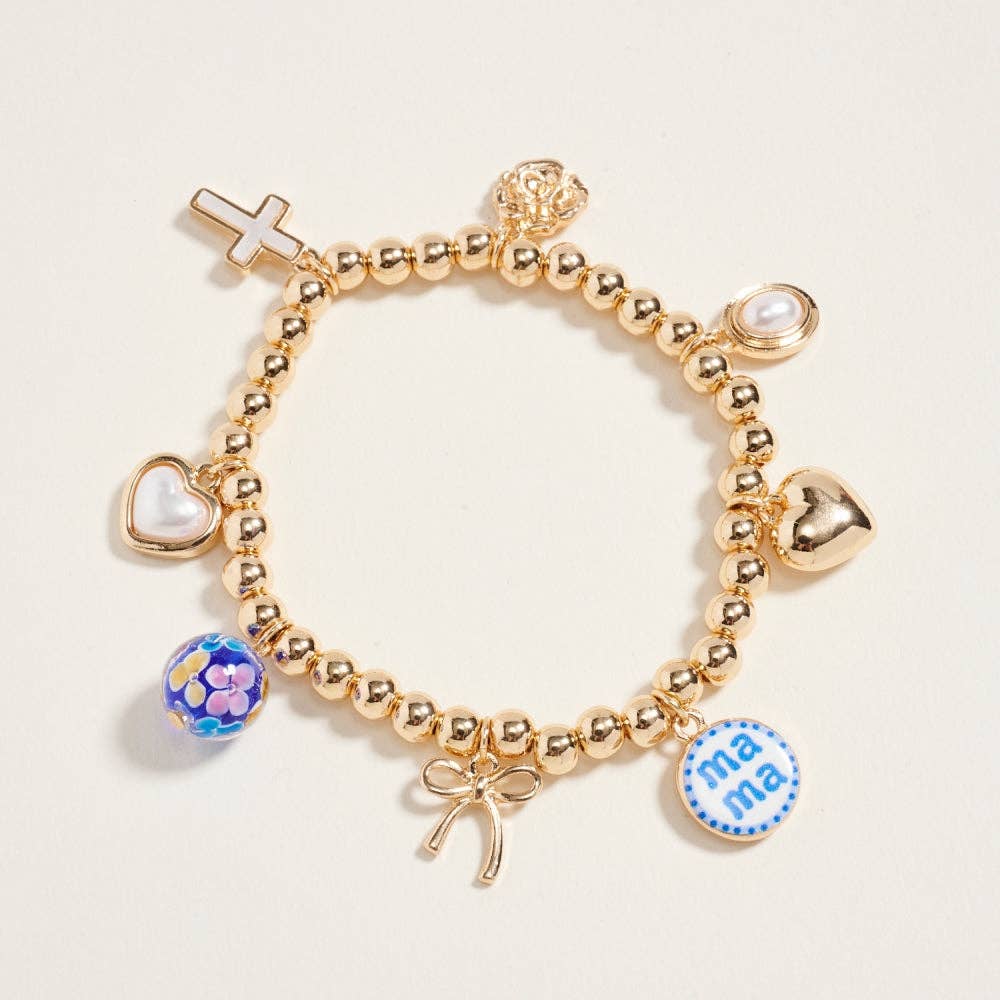 7.25 In Metallic Bead Mama Charm Stretch Bracelet: Blue / ONE