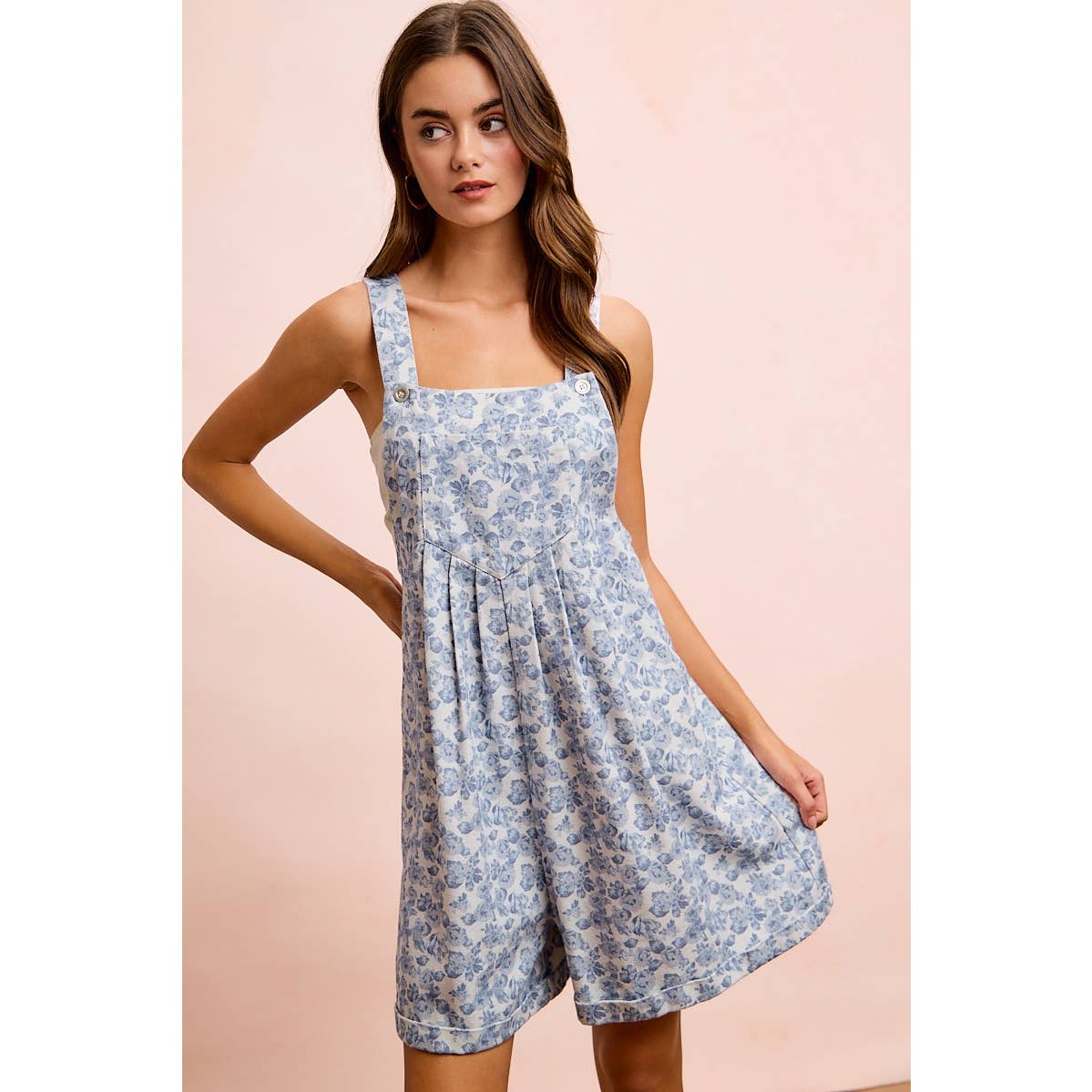 WASHED TWILL FLOWER PRINTED SHORTALL WITH POCKETS: DENIM
