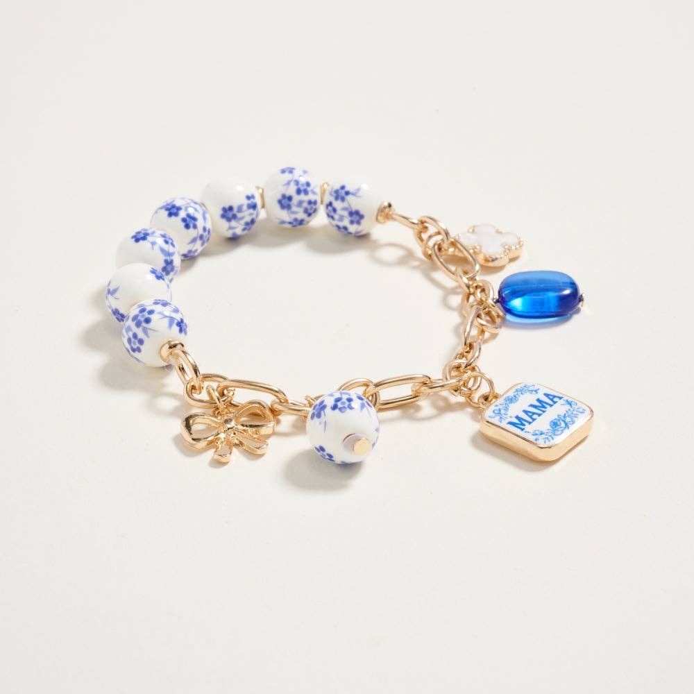 7.25 Inch Ceramic Floral Bead Mama Charm Bracelet: Blue / ONE