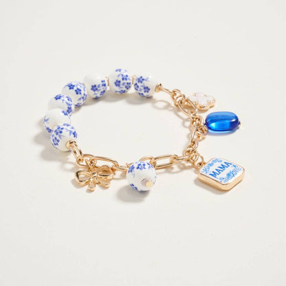 7.25 Inch Ceramic Floral Bead Mama Charm Bracelet: Blue / ONE