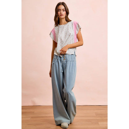 FLORAL RIB CUT EDGE DETAIL SHORT SLEEVES TOP: H Blush