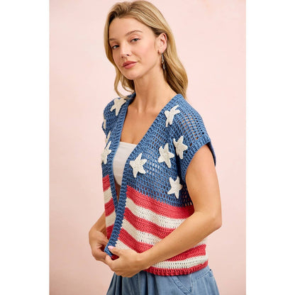 4TH OF JULY AMERICAN FLAG CROCHET SHORT SLEEVE CARDIGAN: AMERICAN FLAG