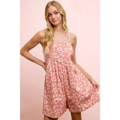 WASHED TWILL FLOWER PRINTED SHORTALL WITH POCKETS: DENIM
