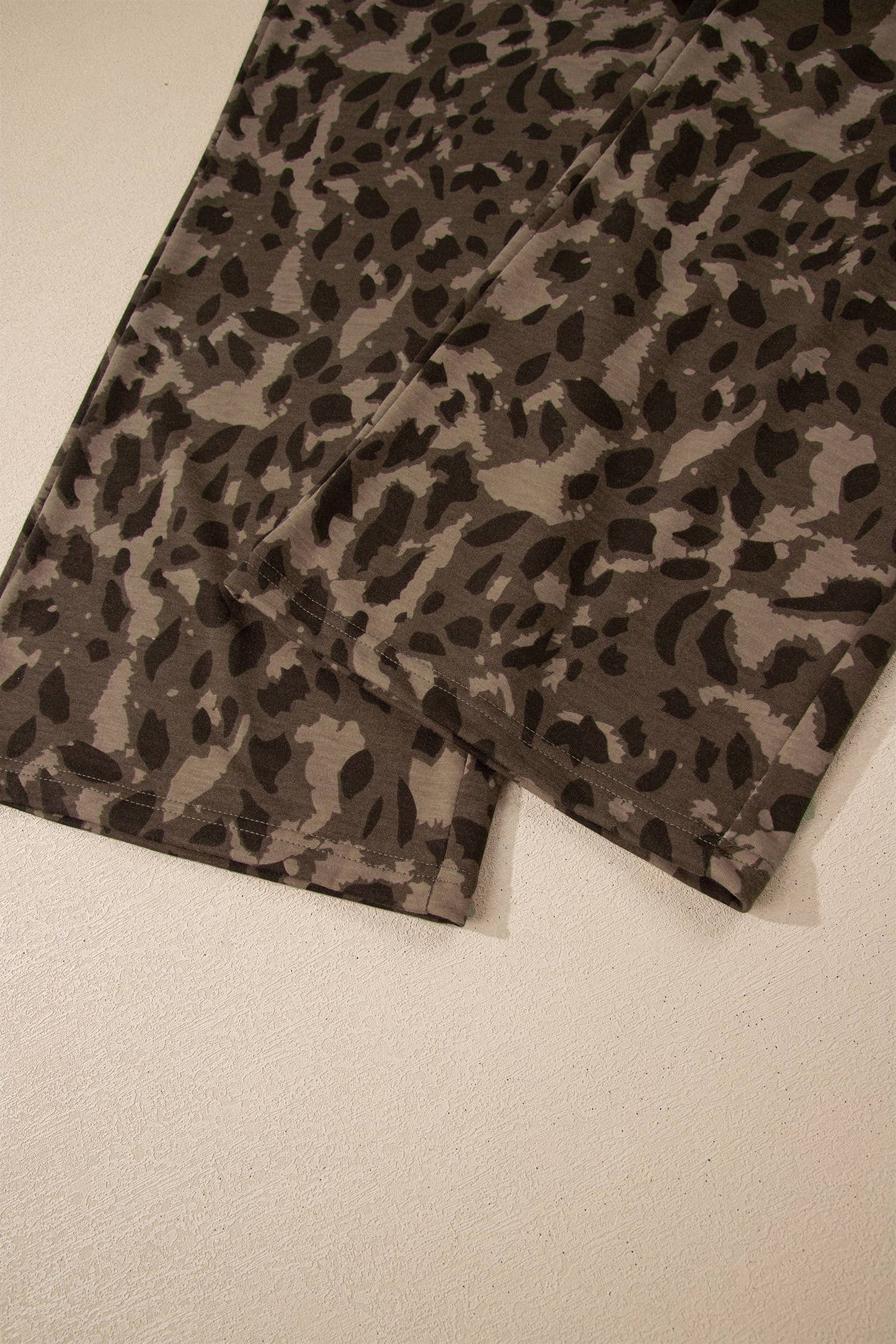 Leopard Raw Seam Patched Pullover Drawstring Loose Pant Set: Brown Short Set