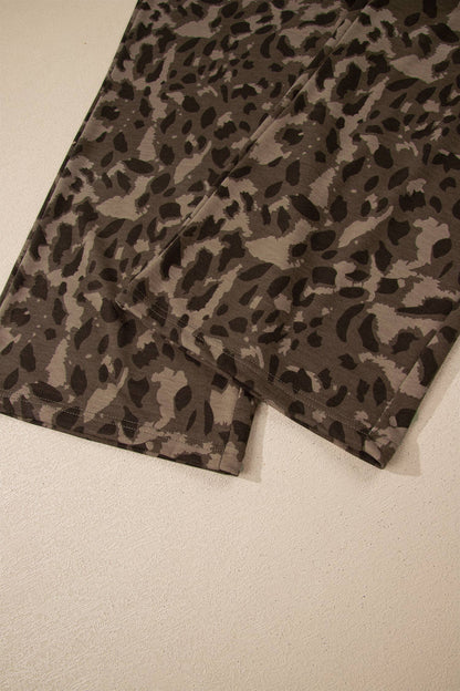 Leopard Raw Seam Patched Pullover Drawstring Loose Pant Set: Brown Short Set