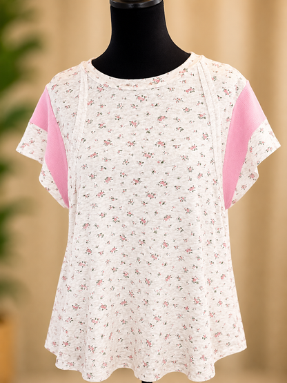 FLORAL RIB CUT EDGE DETAIL SHORT SLEEVES TOP: H Blush