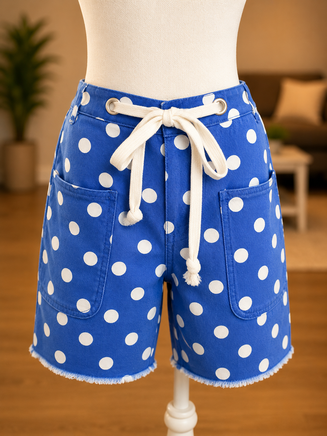 Polka-dot Drawstring Shorts: White Azure Blue