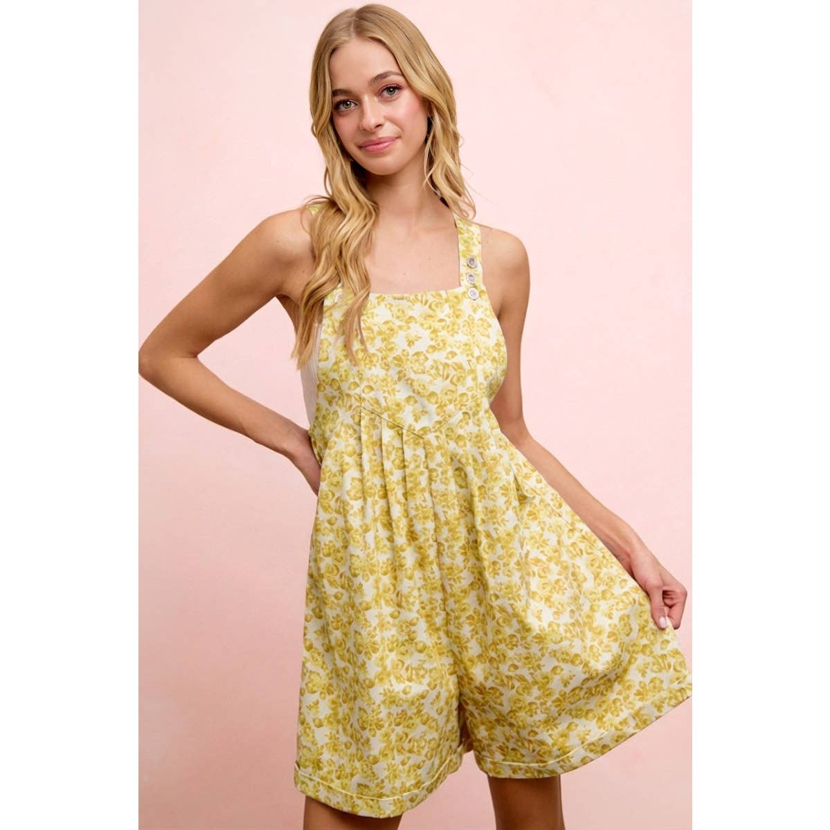 WASHED TWILL FLOWER PRINTED SHORTALL WITH POCKETS: DENIM