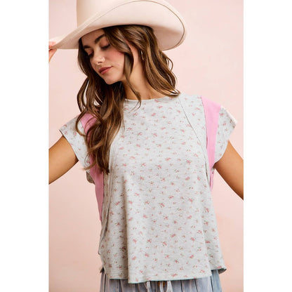 FLORAL RIB CUT EDGE DETAIL SHORT SLEEVES TOP: H Blush