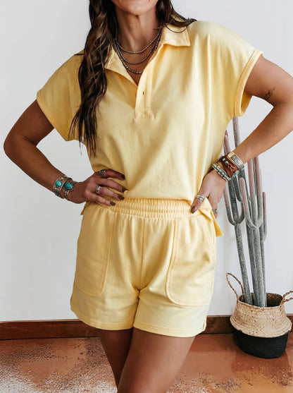 Summer Solid Loose Polo Tee Elastic Waist 2pcs Short Set: Green / M