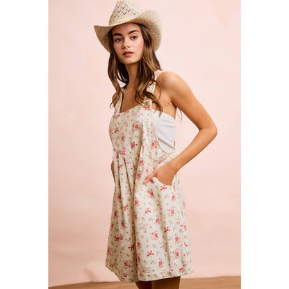 FLORAL TWILL PRINTED CHEST POCKET DETAIL SHORTALL: CREAM/PINK