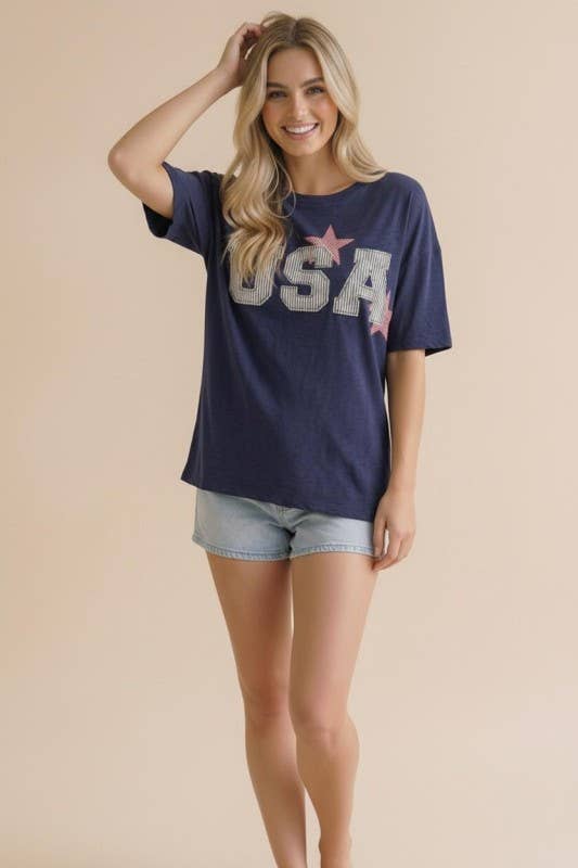Short Sleeve Oversized Star and Usa Patchwork: Navy