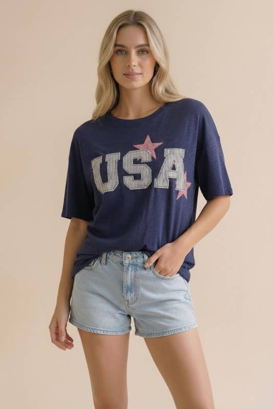Short Sleeve Oversized Star and Usa Patchwork: Navy